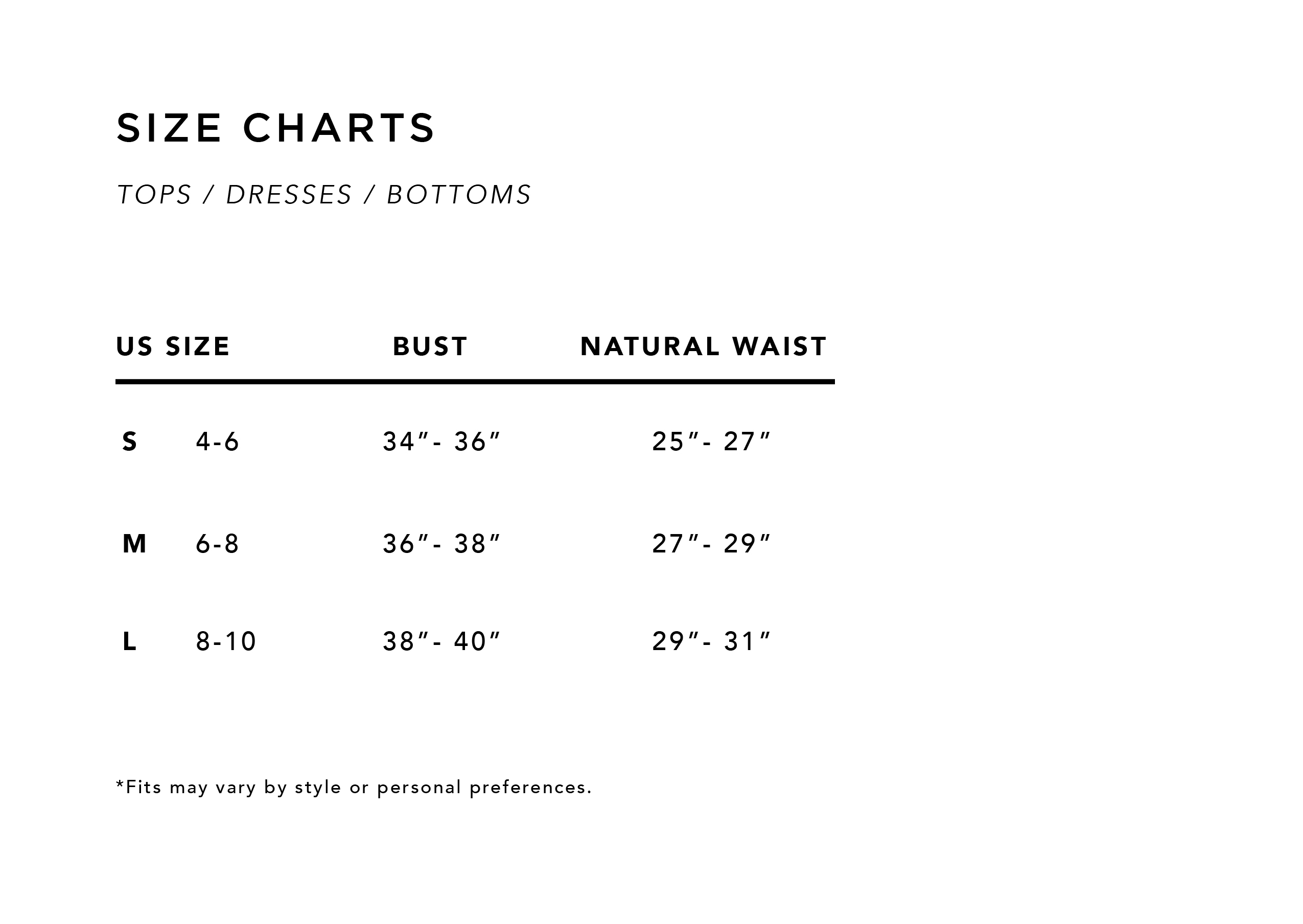 Tutti Size Chart